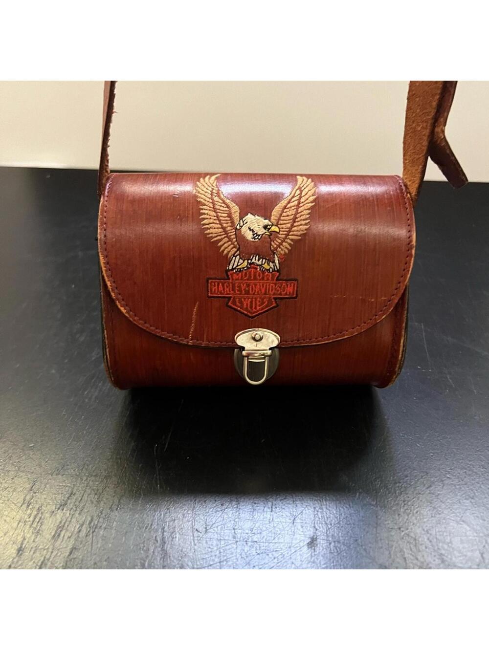 VTG Harley-Davidson Brown Leather Saddle Bag with Eagle Embroidered Emblem